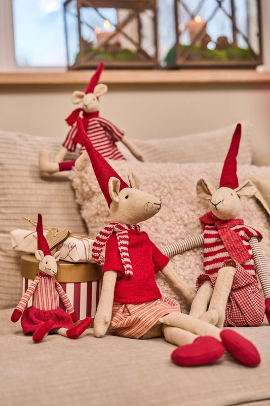 Noa & Nelli Sitting Christmas Mice – Red Knit & Stripes, 20cm