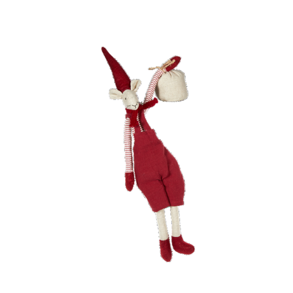 A handmade felt doll with a white body, red hat and overalls, and a red-and-white striped scarf, holding a small cream-colored sack against a plain white background.
