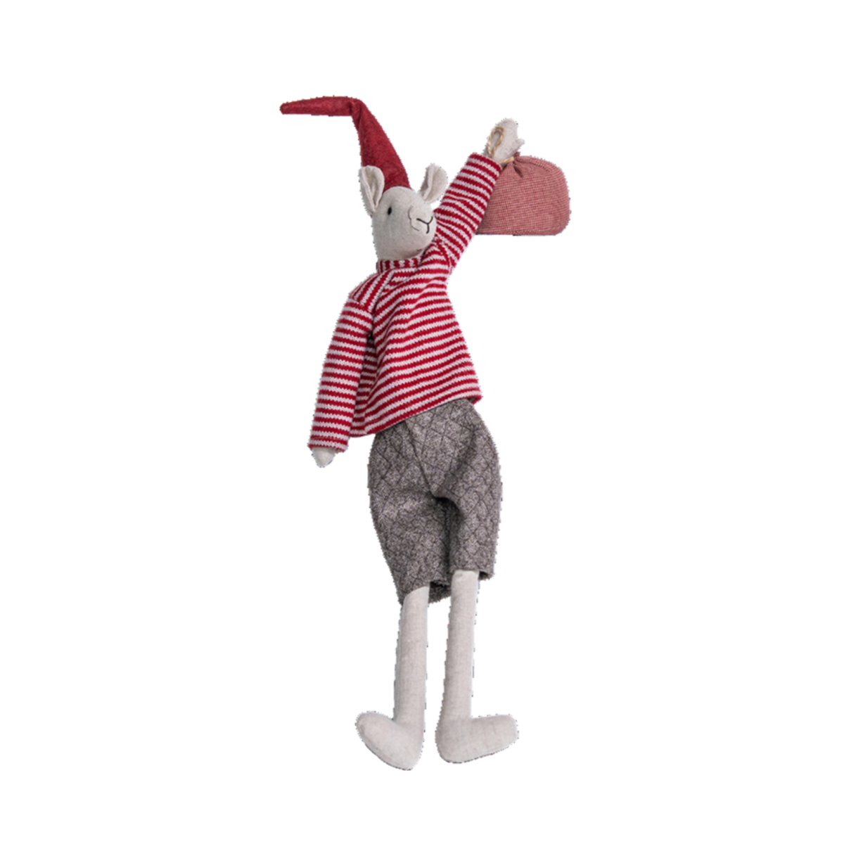 A plush rabbit doll wearing a red and white striped long-sleeve shirt, patterned gray shorts, and a red pointed hat, holding a pink bag against a plain white background.
