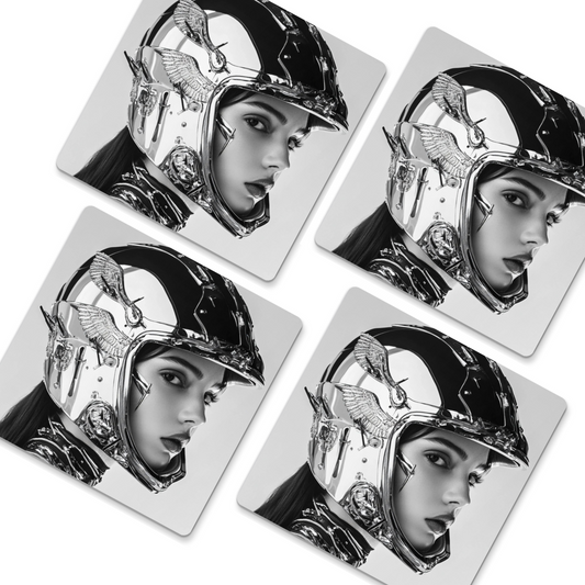 Four coasters with a design of a woman wearing a helmet on a white background