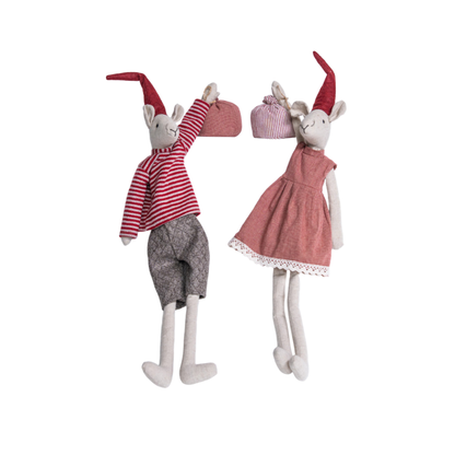 Two plush rabbit dolls dressed in red and gray clothing, standing against a plain white background.