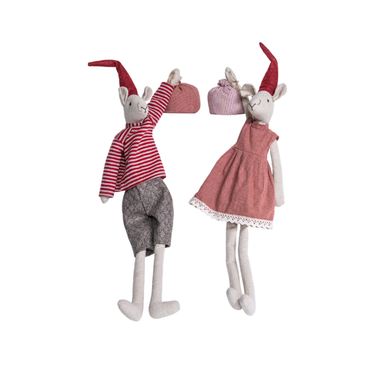 Two plush rabbit dolls dressed in red and gray clothing, standing against a plain white background.