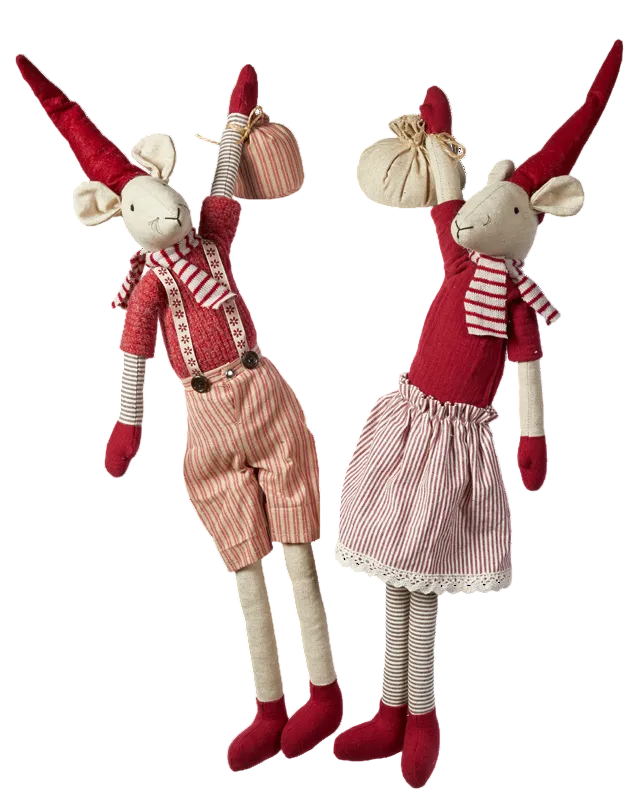 Two handmade fabric mouse dolls dressed in red and pink striped holiday clothing, standing against a plain white background.