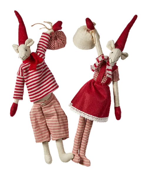 Two handmade mouse dolls with long pointed red hats, red-and-white striped outfits, and cream-colored bodies, shown against a plain white background.