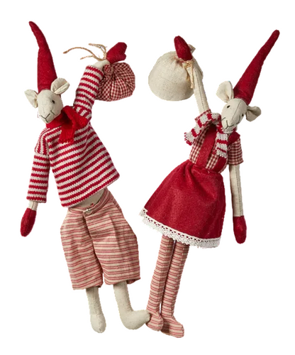 Two handmade mouse dolls with long pointed red hats, red-and-white striped outfits, and cream-colored bodies, shown against a plain white background.