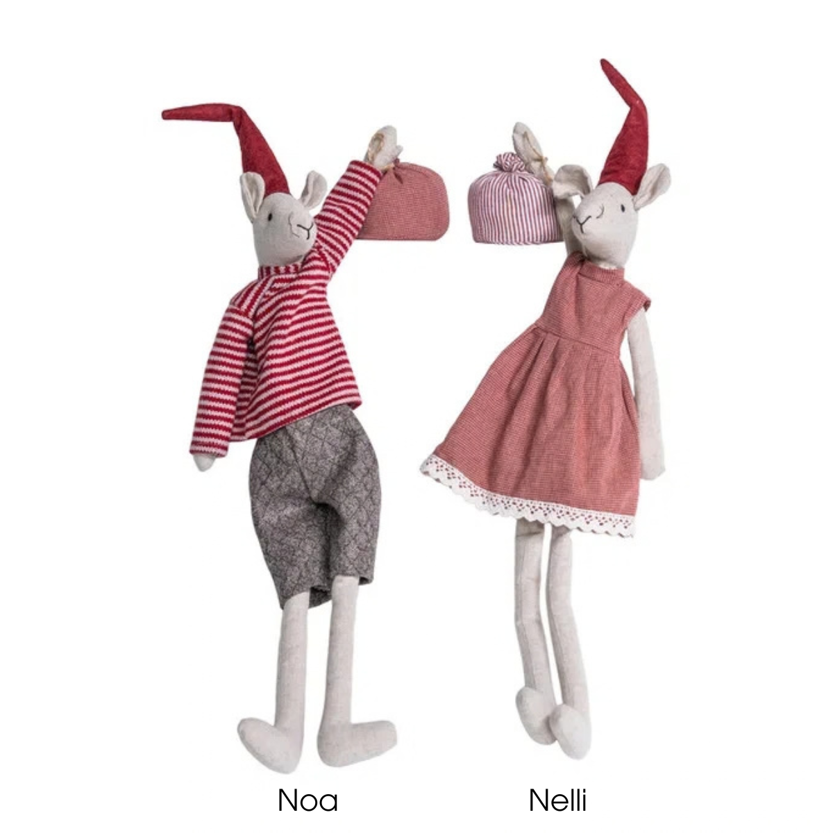 Two plush rabbit dolls labeled Noa and Nelli on a plain white background. Noa wears a red-and-white striped long-sleeve top, gray patterned shorts, and a red pointed hat while holding a pink bag.