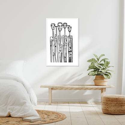 Framed black and white abstract art on a wall above a wooden bench with a plant in a minimalistic room.