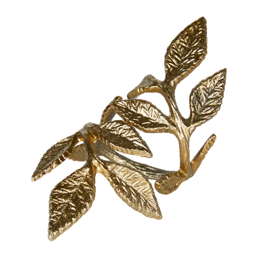 A gold-toned metallic branch with textured leaves, photographed on a plain white background.