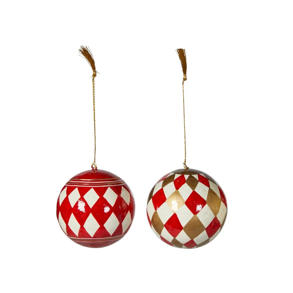 Hand-Painted Papier-Mâché Christmas Bauble – Red & Gold, 7cm