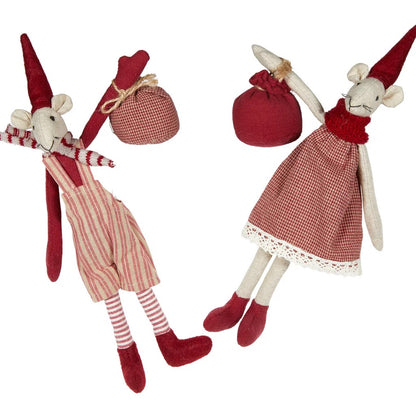 Two small mouse-shaped fabric dolls with red pointed hats, red-and-white striped clothing, and red shoes, shown on a plain white background. One doll holds a red pouch and the other wears a red dress with white lace trim.
