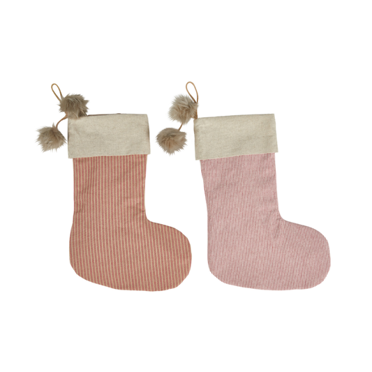 Scandinavian Striped Christmas Stocking with Pom Poms – Red & Natural, 43cm