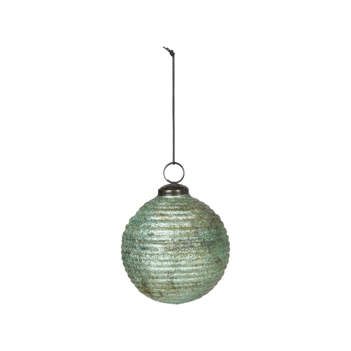 A hanging spherical ornament with a textured, ribbed surface in a distressed green and blue patina finish, suspended by a thin black cord against a plain white background.
