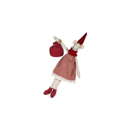 A small fabric mouse doll wearing a red pointed hat, red dress, and red shoes, holding a red sack, photographed on a plain white background.