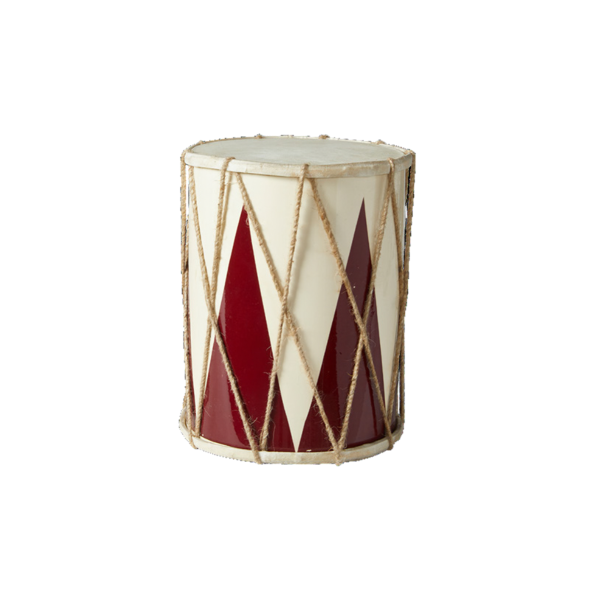 A small hand drum with a cream-colored body, deep red geometric triangular patterns, and natural tan rope tensioning the drum head, isolated on a white background.