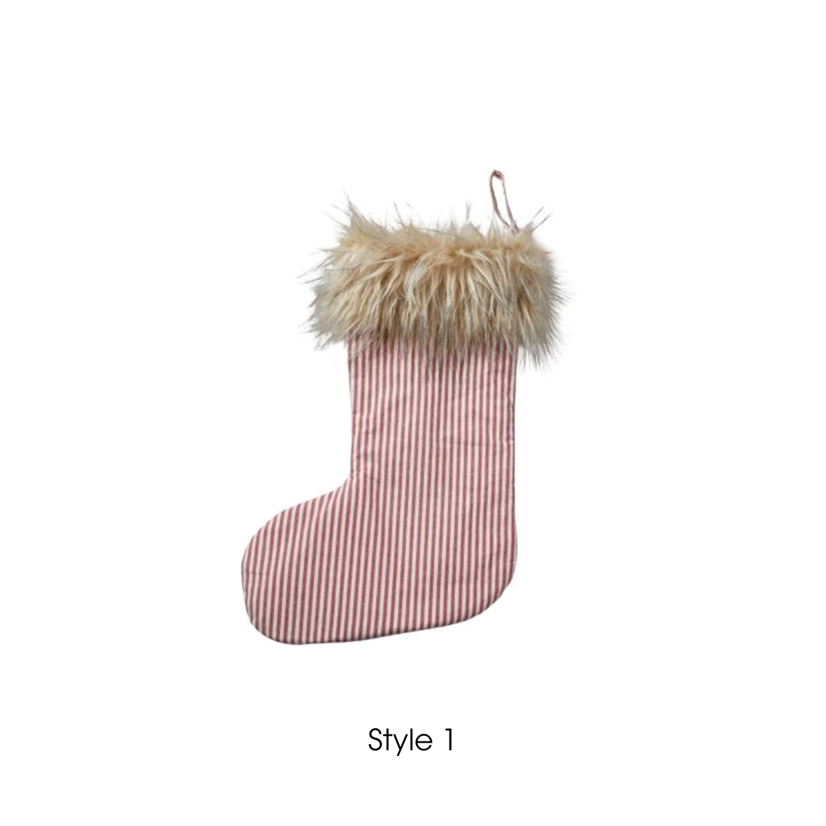 A pink and white vertically striped Christmas stocking with a fluffy beige faux-fur trim at the top and a small hanging loop, shown on a plain white background with the text 'Style 1' below.