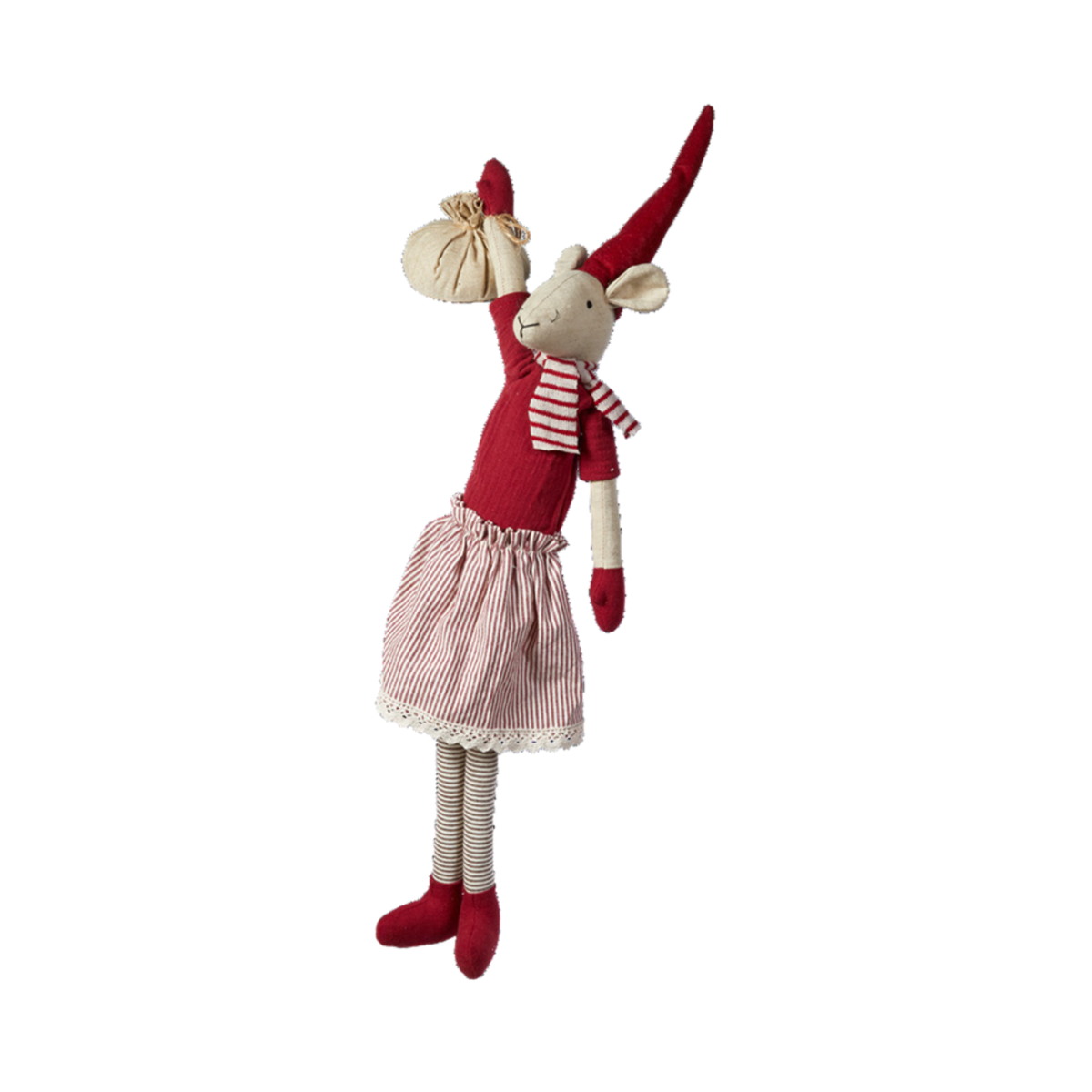 A plush mouse doll dressed in a red top, red-and-white striped skirt, striped socks, and red shoes, holding a small sack above its head, photographed on a plain white background.