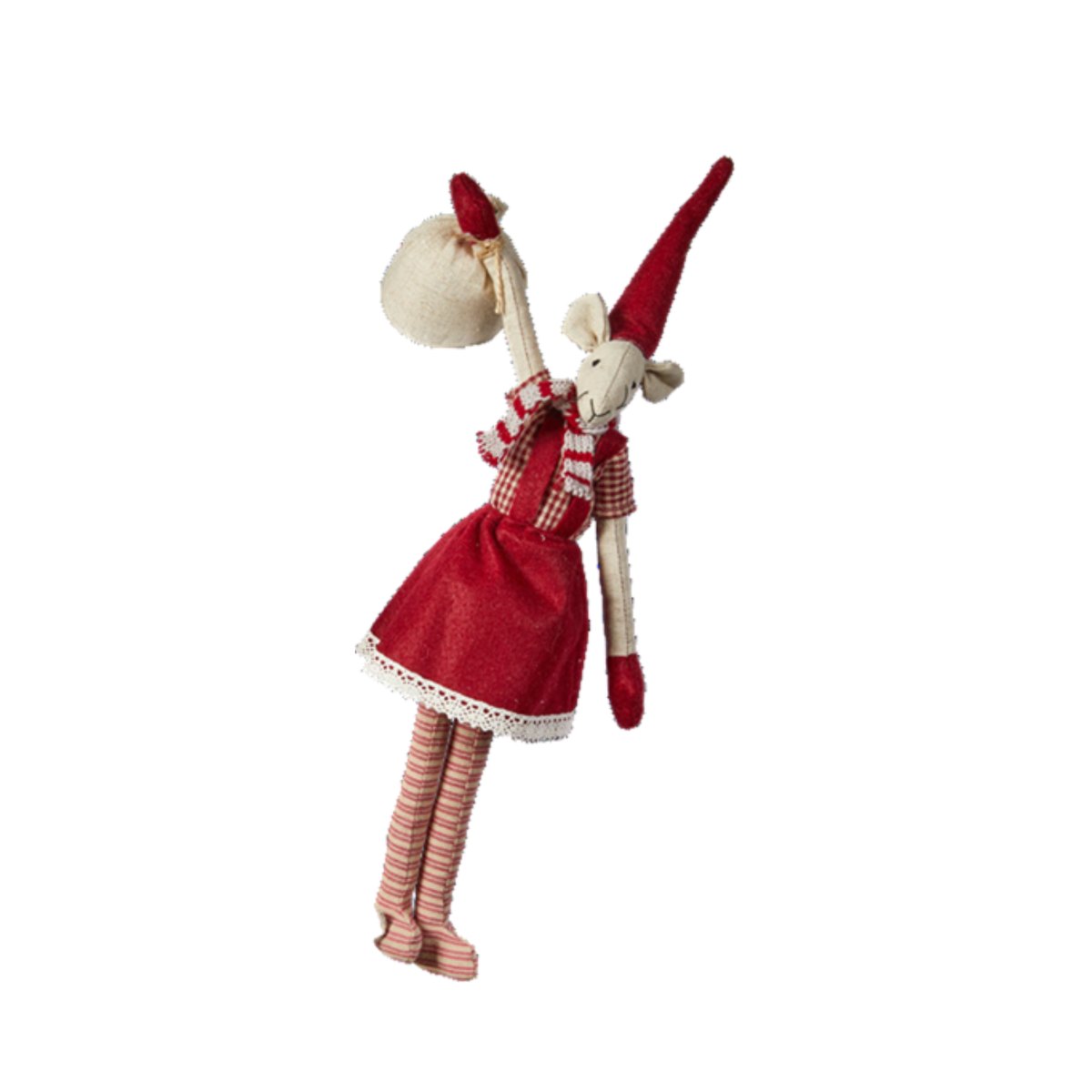 A handmade fabric doll with a red dress, red-and-white checkered scarf, striped pink and beige tights, and a tall red hat, holding a cream-colored sack, isolated on a white background.