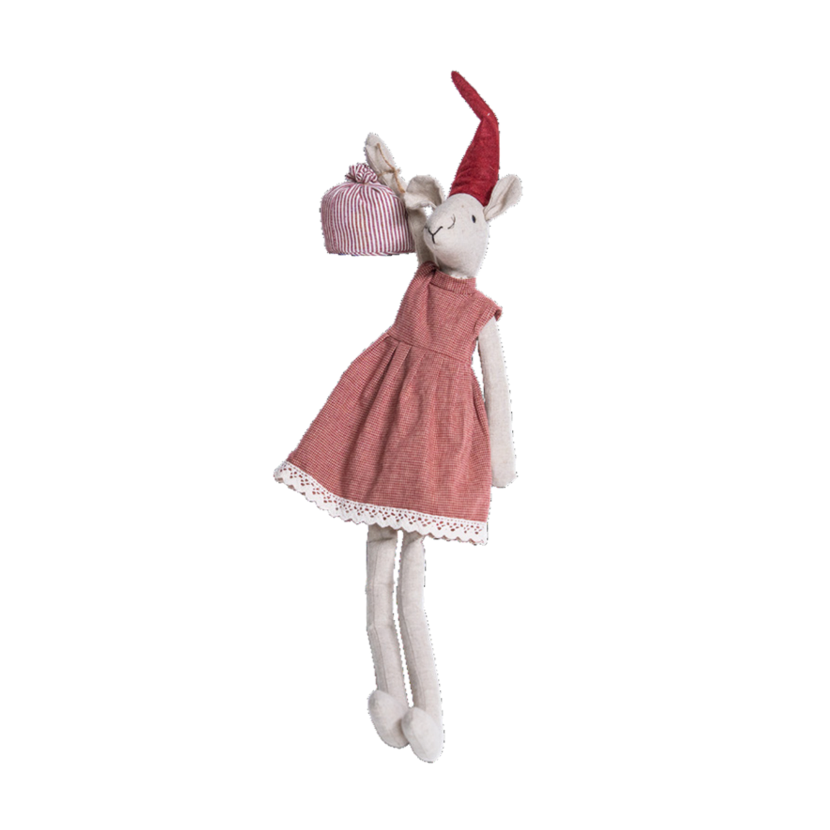 A plush stuffed animal doll with long white limbs and a pink dress, holding a small pink striped hat, isolated on a white background.