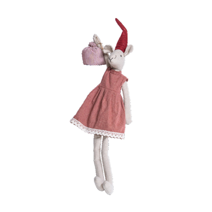 A plush stuffed animal doll with long white limbs and a pink dress, holding a small pink striped hat, isolated on a white background.