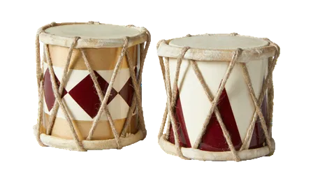 Two hand drums with natural tan drum skins, beige hoops, and red-and-beige geometric painted panels, shown on a plain white background.