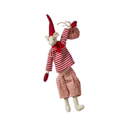 A whimsical plush toy dressed as a gnome, featuring a red and white striped shirt, pink striped pants, a tall red hat, and red mittens, isolated on a white background.