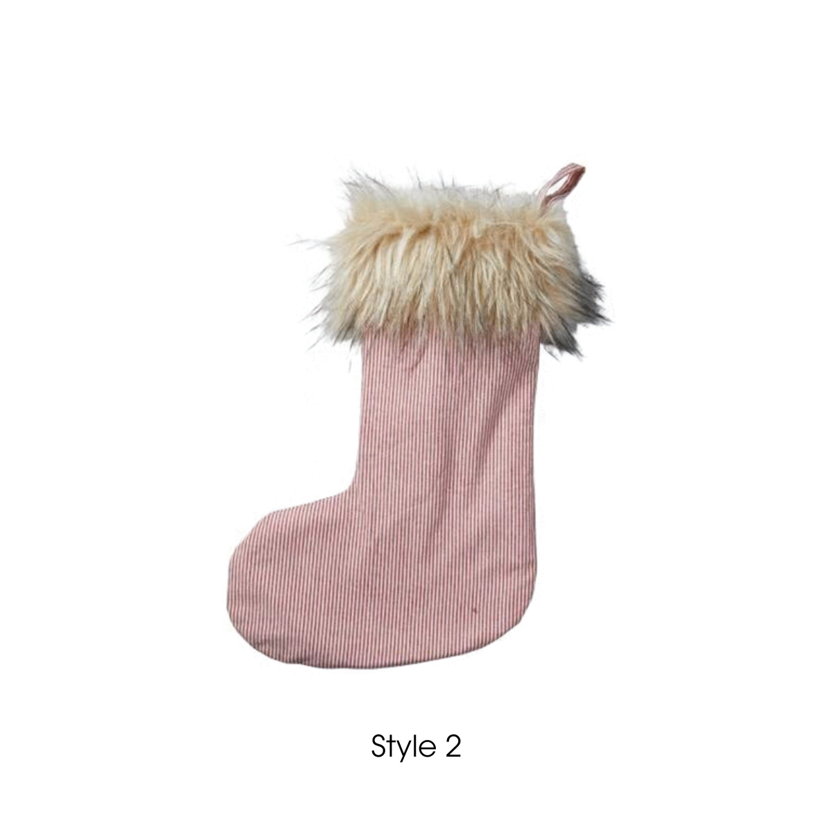 A pink ribbed knit Christmas stocking with a fluffy cream faux-fur trim at the top, shown on a plain white background with the text 'Style 2' underneath.