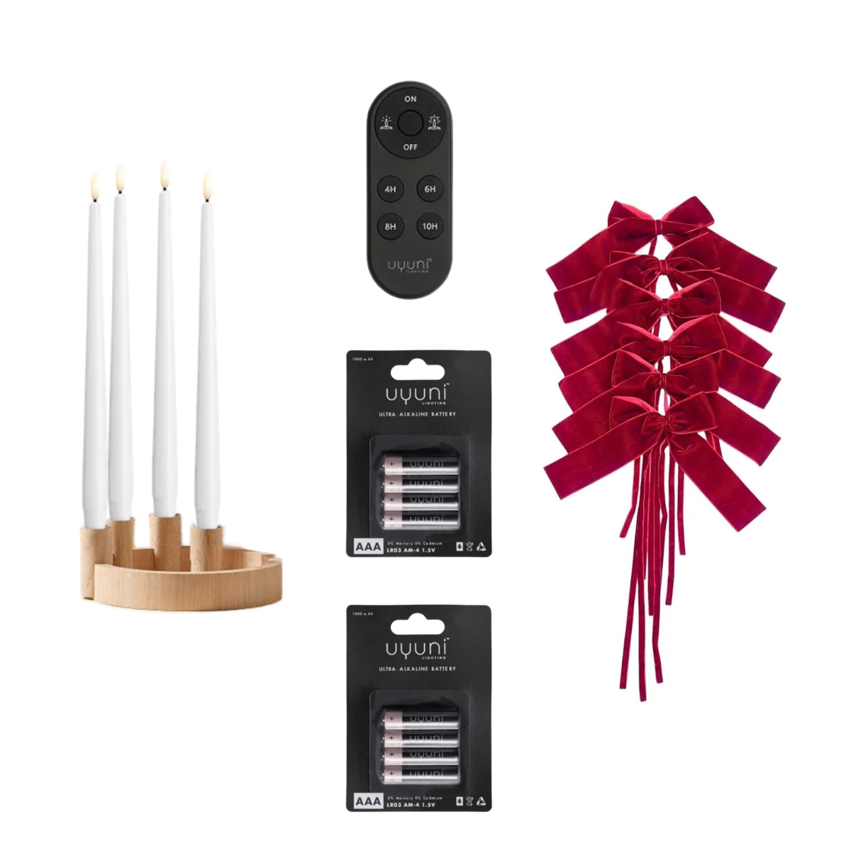 Pre-Order | Circle Candle Holder – Natural Oak - Set w/ 4 White LED Candles w/ 8 AAA Batteries & Remote & 6 Burgundy Velvet Bows