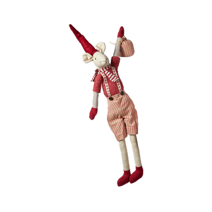 A whimsical handmade rag doll of a mouse dressed in a red and white striped shirt, pink striped shorts, and red shoes, holding a small pink bag against a plain white background.