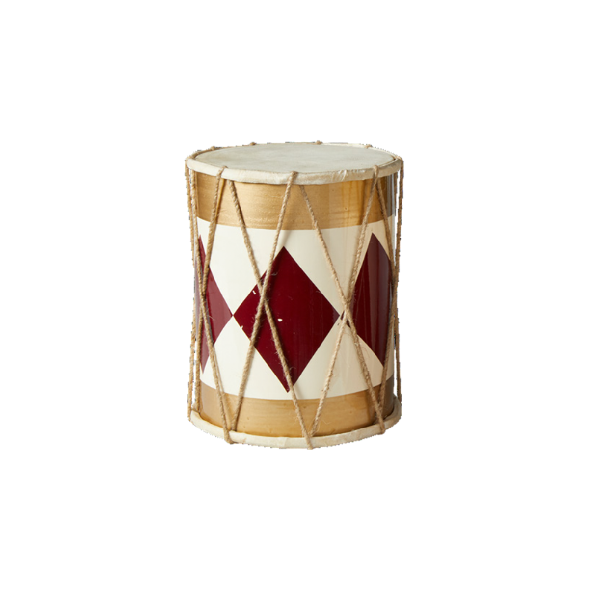 A small hand drum with a cream and burgundy diamond pattern, wrapped in beige rope, on a plain white background.