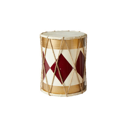A small hand drum with a cream and burgundy diamond pattern, wrapped in beige rope, on a plain white background.