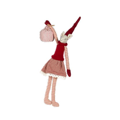 A handmade fabric doll with a white bunny head, red knit top and hat, red-and-white gingham skirt, and striped pink-and-white legs, holding a matching striped bag against a plain white background.