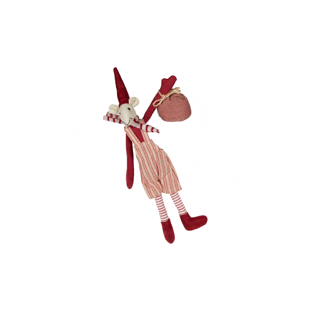 A small handmade fabric mouse doll with a red hat and red striped outfit, holding a knitted red sack, photographed on a plain white background.