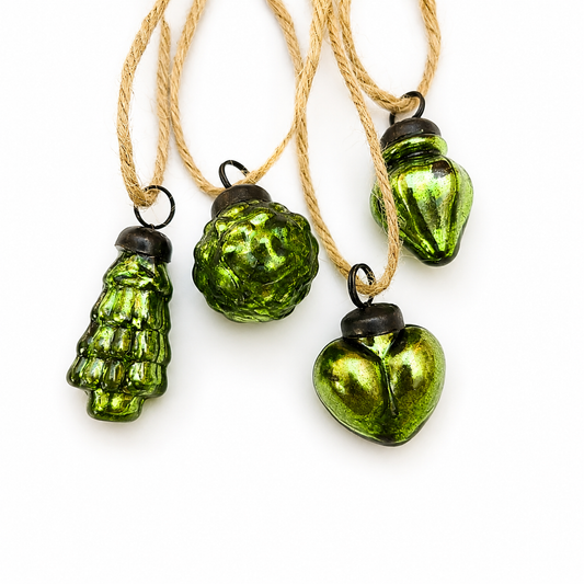 Mini Green Glass Christmas Baubles — Set of 8