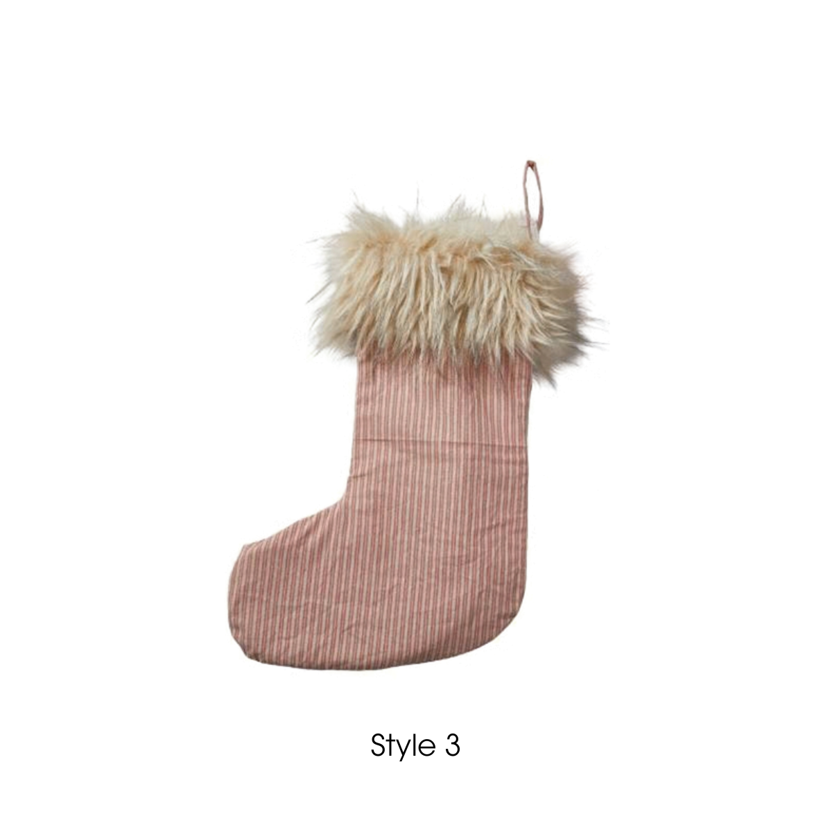 A pink ribbed corduroy Christmas stocking with a fluffy cream faux-fur trim and a hanging loop, shown on a plain white background with the text 'Style 3' below.
