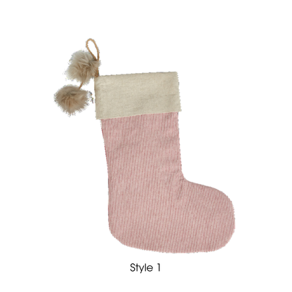 Scandinavian Striped Christmas Stocking with Pom Poms – Red & Natural, 43cm