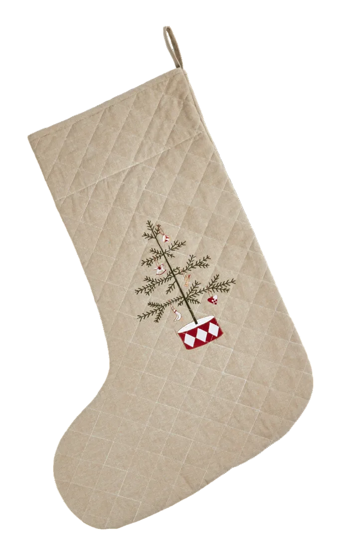 A quilted beige Christmas stocking with a central embroidered tree in a red and white patterned pot, shown against a plain white background.