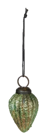 A hanging ornament shaped like a ribbed teardrop or cactus, made of textured green glass with a metallic gold glitter finish, featuring a dark metal cap and a black hanging string.