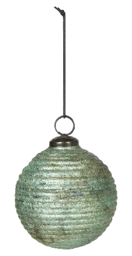 A hanging textured glass ornament with a distressed green and blue patina finish, suspended by a black wire against a white background.