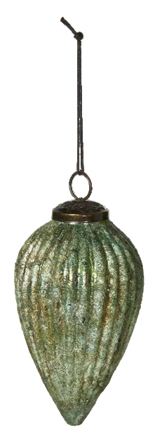 A hanging ornament with a ribbed, textured surface in a distressed green and gold metallic finish, suspended by a black string against a plain white background.