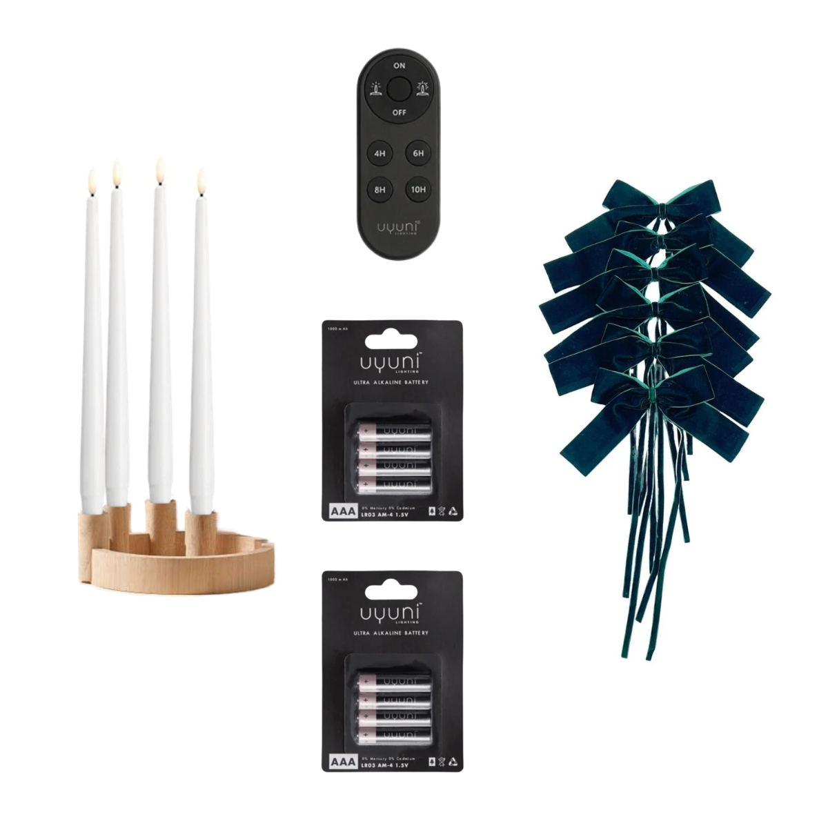 Pre-Order | Circle Candle Holder – Natural Oak - Set w/ 4 White LED Candles w/ 8 AAA Batteries & Remote & 6 Dark Green Velvet Bows