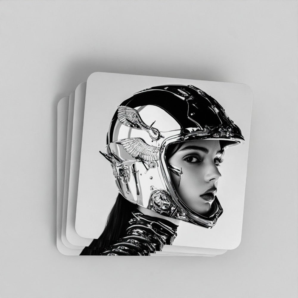 Coaster with a design of a person wearing a helmet on a gray background