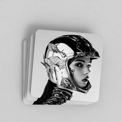 Coaster with a design of a person wearing a helmet on a gray background