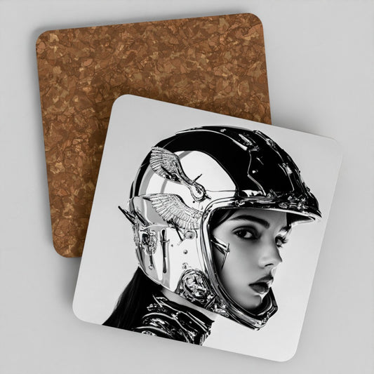 Coaster with a design of a person wearing a detailed helmet on a gray background