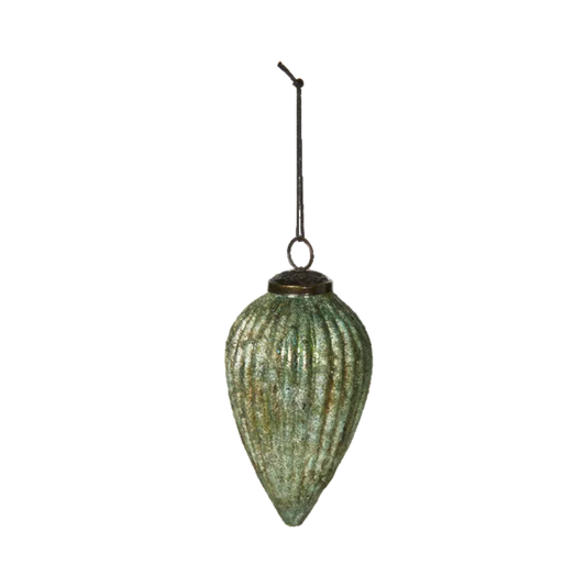 A vintage-style glass Christmas ornament shaped like a teardrop or pine cone, featuring a textured, ribbed surface with a distressed green and bronze patina, complete with a hanging loop.