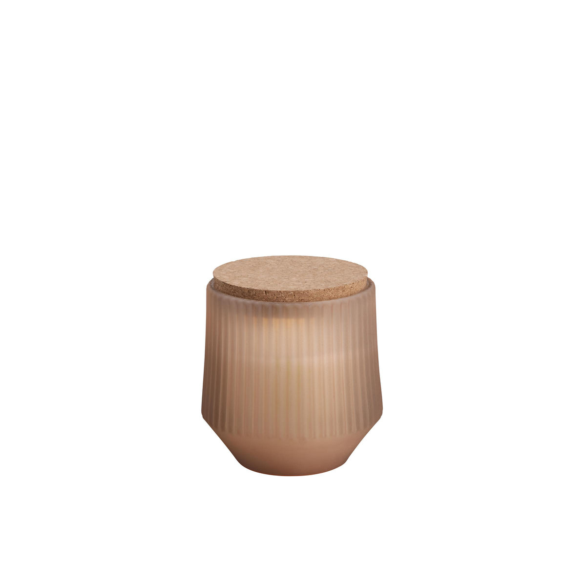 A ribbed frosted glass candle holder with a natural cork lid, glowing with a warm light from within, set against a solid white background.