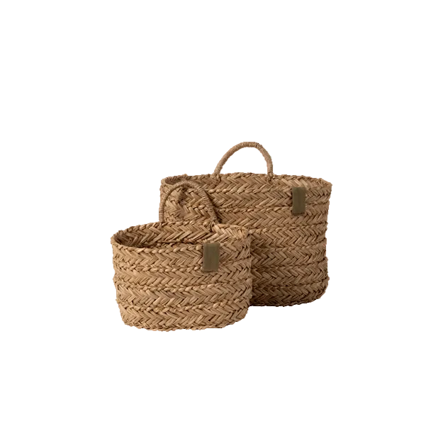 Two woven natural-fiber storage baskets with top handles, shown on a plain white background. One basket is larger and positioned behind, and one smaller basket is placed in front.