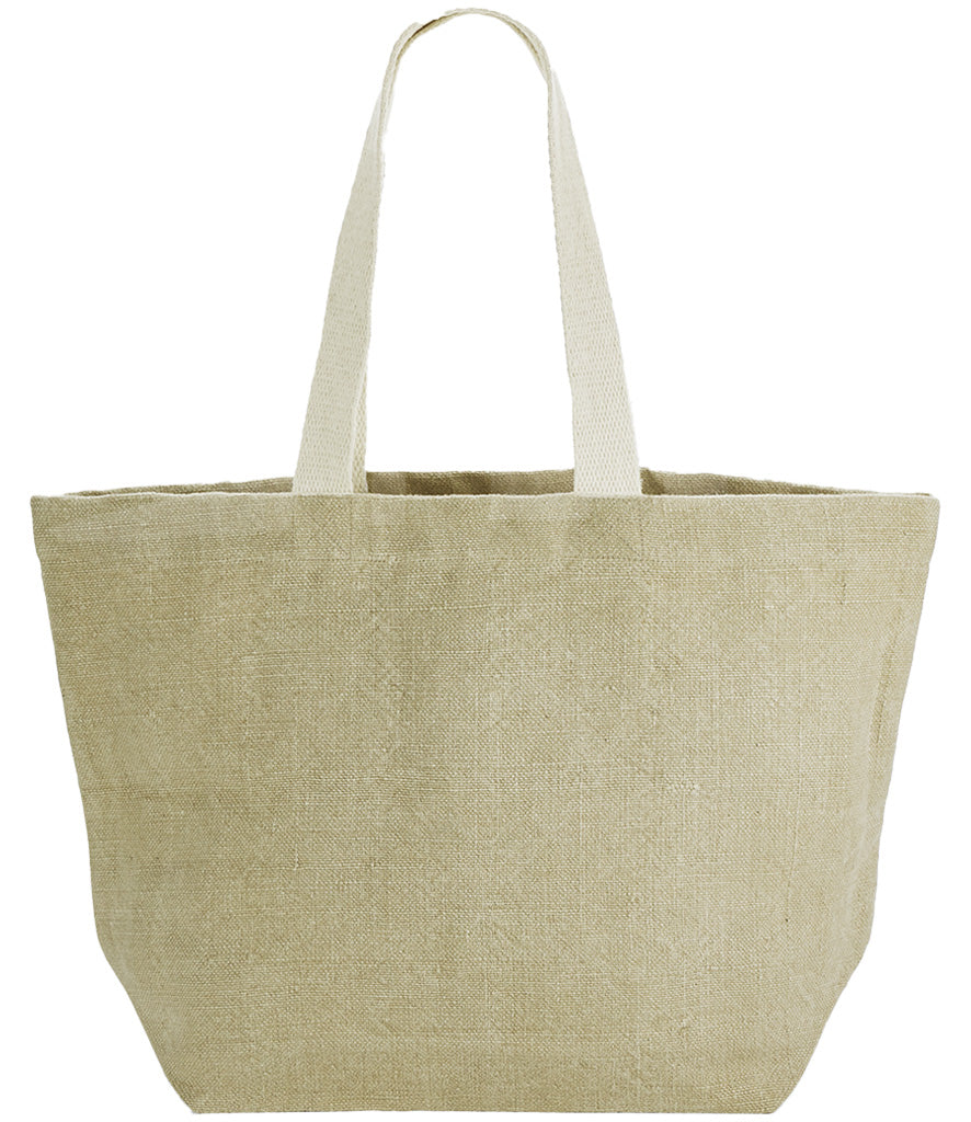 Beige tote bag with white handles on a white background