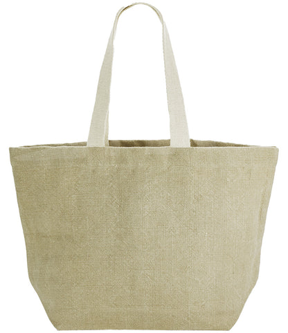Beige tote bag with white handles on a white background