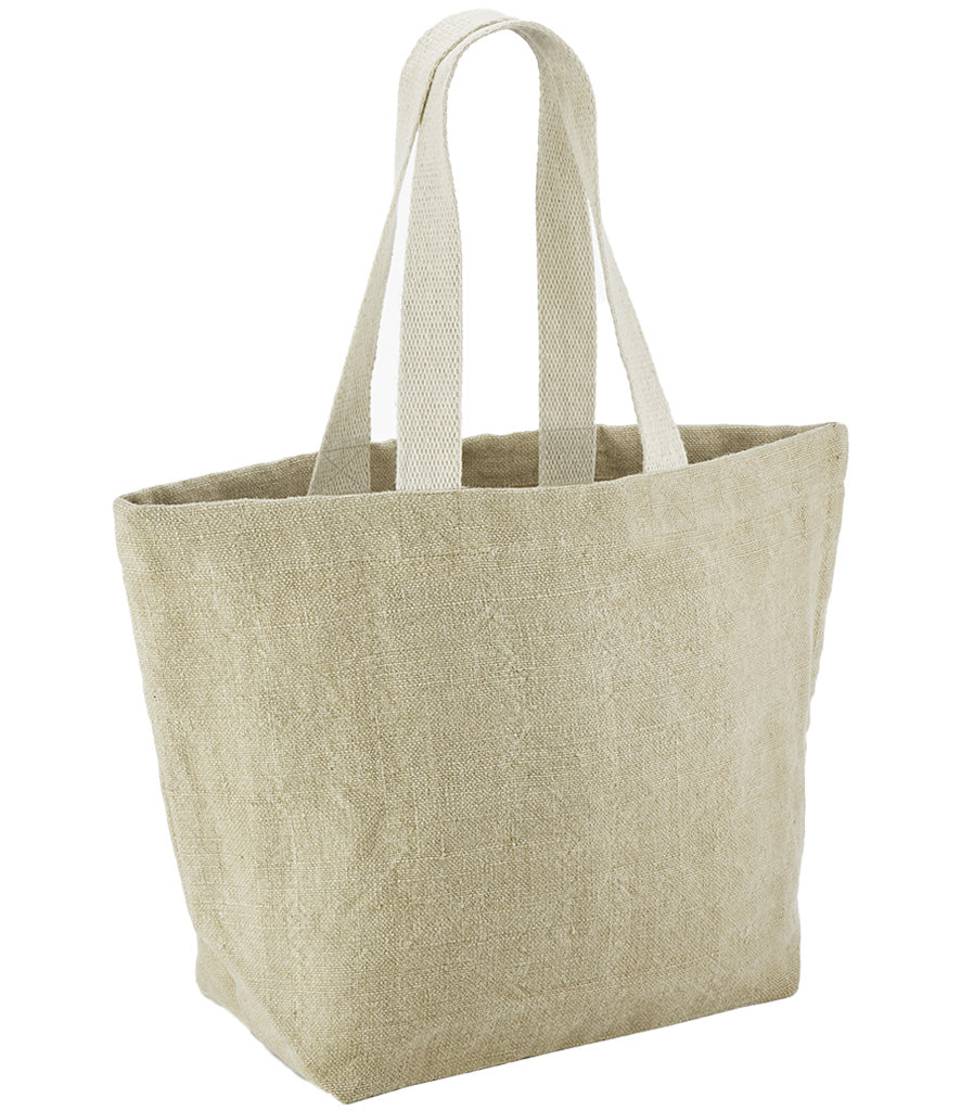 Beige tote bag with handles on a white background