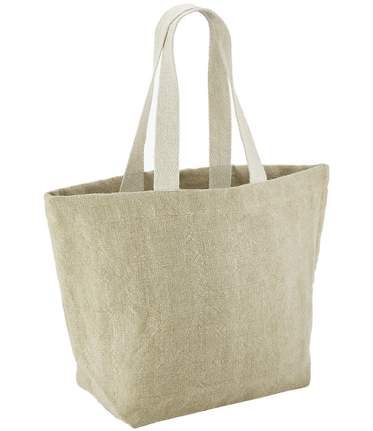 Beige tote bag with handles on a white background